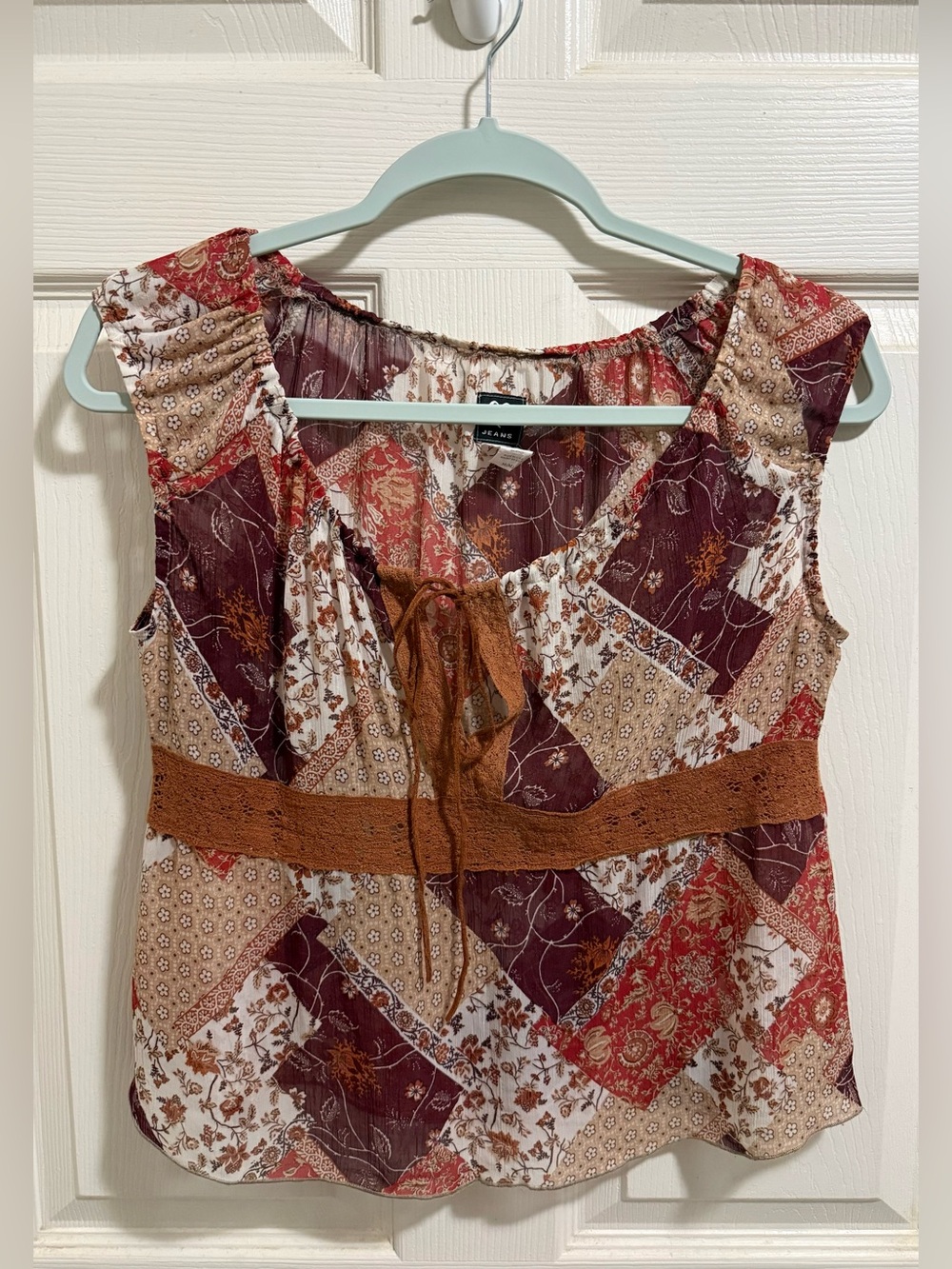 XOXO Patchwork Tie-Front Camisole in Burgundy, Rust & Cream